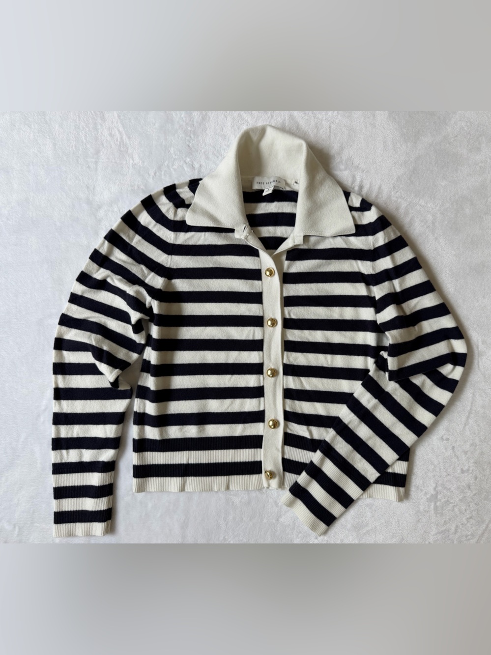 Free Assembly Striped Knit Button-Front Cardigan in Navy and Cream